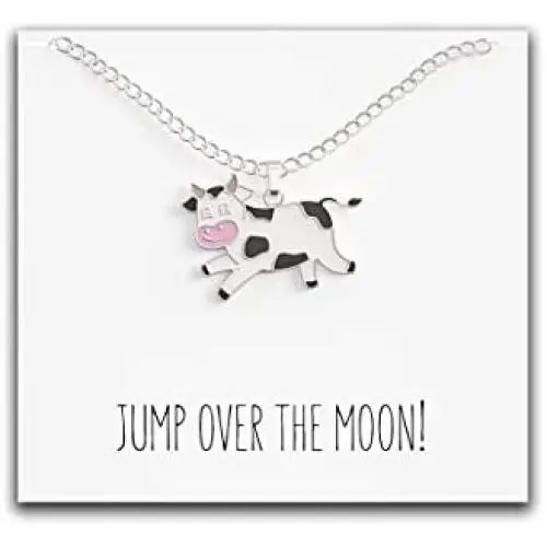 Happy Kisses Cow Necklace – “Jump Over The Moon!” Message Pendant – Cute Charm Gift for Any Women or Kid Who Loves Cows – Adjustable Chain Length