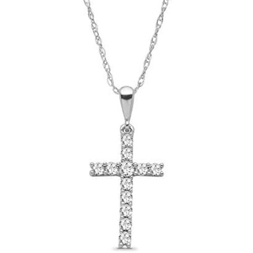 10K White Gold Diamond Cross Pendant with Sterling Silver Chain Necklace (1/4 cttw, I-J Color, I2-I3 Clarity), 18''