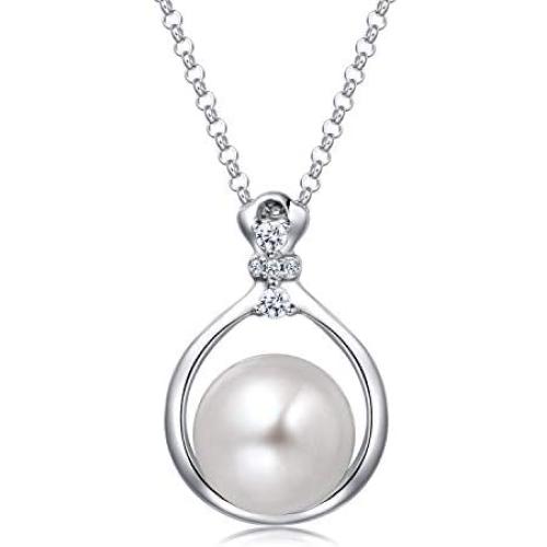 Molah Sterling Silver 10.5-11mm Genuine Cultured Freshwater Pearl Cubic Zirconia Pendant Necklace 16''+2'' Extension