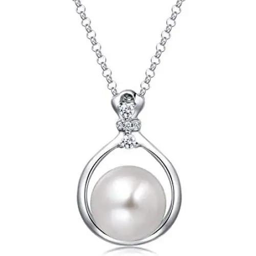 Molah Sterling Silver 10.5-11mm Genuine Cultured Freshwater Pearl Cubic Zirconia Pendant Necklace 16''+2'' Extension
