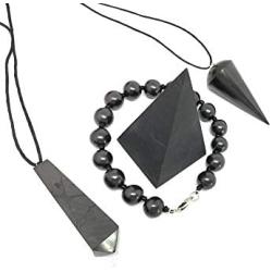 Karelian Heritage Authentic Shungite Stone Pendant and Black Crystal Pyramid Protection Set