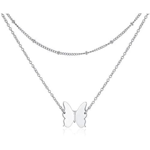 Butterfly Necklaces Layered for Women, Silver Dainty Butterfly Charm Gifts Birthday Anniversary, Stainless Steel Dainty Pendant with Adjustable Chains for Girls Boys