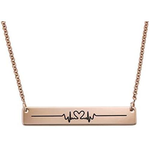 MyNameNecklace Personalized Bar with Heart Beat Cardiogram Engraved Necklace - Custom Name Jewelry Valentines Day Love Gift for Her
