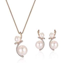 Beauty U Rose Gold Pearl Jewelry Set Women Wedding Earrings and Pendant Necklace Bridal Bridesmaids Jewelry Set Valentines Gift