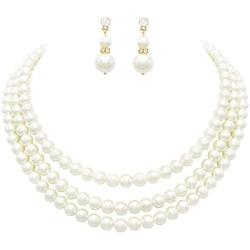 Rosemarie Collections Womens Multi Strand Classic 8mm Faux Pearl Necklace and Earrings Jewelry Set, 16''-19'' with 3'' Extender