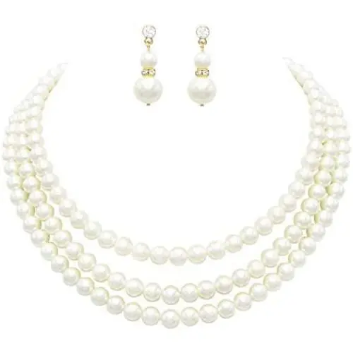 Rosemarie Collections Womens Multi Strand Classic 8mm Faux Pearl Necklace and Earrings Jewelry Set, 16''-19'' with 3'' Extender