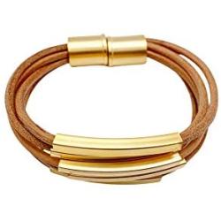 NIEVOS JEWELRY 24k Gold Bracelet 24k Gold Plated Tubes And Camel 3mm Leather Cord Magnet Bracelet Timeless Classics 1910 Designer Made By Women For Her Handmade Rare Unique Gift Jewelry Love