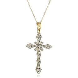 Jewelili 10K White and Yellow Gold 1/2 Cttw Natural White round and baguette Diamond Cross Pendant Necklace, 18'' Rope Chain