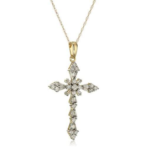 Jewelili 10K White and Yellow Gold 1/2 Cttw Natural White round and baguette Diamond Cross Pendant Necklace, 18'' Rope Chain