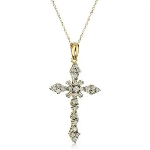 Jewelili 10K White and Yellow Gold 1/2 Cttw Natural White round and baguette Diamond Cross Pendant Necklace, 18'' Rope Chain Jewelili 10K White and Yellow Gold 1/2 Cttw Natural White round and baguette Diamond Cross Pendant Necklace, 18'' Rope Chain