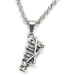 Xylophone Necklace, 20'' (50.8cm) Rolo Chain with 3D Marimba & Mallets Charm, New Percussionist Pendant Jewelry Antique Silver Finish Pewter Charm, on Pure 304 Stainless Steel Chain