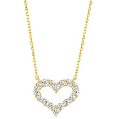 Carleen Yellow Gold Plated 925 Sterling Silver CZ Cubic Zirconia Open Heart Necklace Stud Earrings Jewelry Set For Women Girls