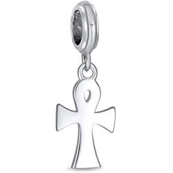 Religious Key Of Life Egyptian Ankh Cross Dangle Charm Bead For Women Teen Oxidized .925 Sterling Silver Fits European Bracelet