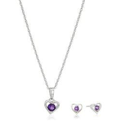 Girls Petite Sterling Silver Birthstone Open Heart Stud Earrings and 16'' Pendant Necklace Jewelry Set