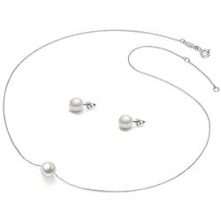 Gifytel Single Pearl Necklace Stud Earrings Bridesmaid Gift Floating Pendant 8-9mm Simple 925 Sterling Silver 18K Gold Plated Chain Jewelry Set for Women Bridesmaids Girls Gifts for Her