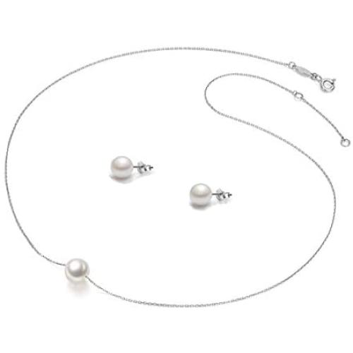Gifytel Single Pearl Necklace Stud Earrings Bridesmaid Gift Floating Pendant 8-9mm Simple 925 Sterling Silver 18K Gold Plated Chain Jewelry Set for Women Bridesmaids Girls Gifts for Her