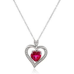 Jewelili Sterling Silver Created Ruby Heart with Created White Sapphire Pendant Necklace, 18'' Rolo Chain