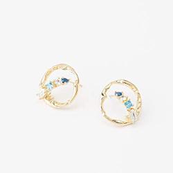 ORDOR 14K gold-plated-brass stud Earrings For Women 0.78'' x0.78''/Silver post/Nickel free/brass, Cubic Zirconia(Aquamarine, sapphire color)