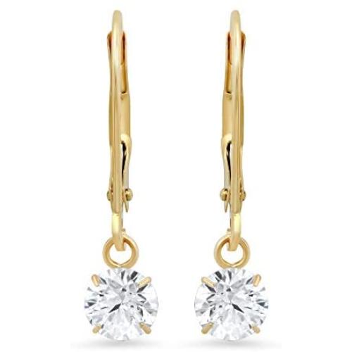 14k Yellow or White Gold Leverback Earrings with Cubic Zirconia CZ Dangles | Various Sizes | Gift Boxed