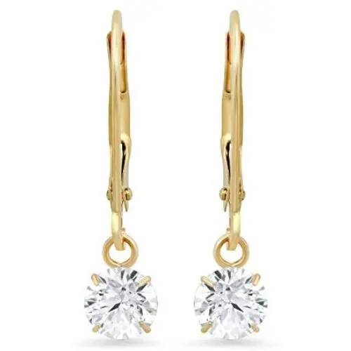 14k Yellow or White Gold Leverback Earrings with Cubic Zirconia CZ Dangles | Various Sizes | Gift Boxed