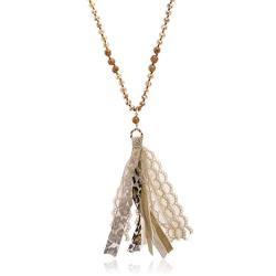 RIAH FASHION Bohemian Tassel Pendant Long Statement Necklace - Faux Suede Leather Fringe, Lace Charm Sparkly Crystal Natural Stone, Boho Wood Bead Long Chain