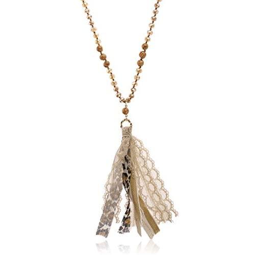 RIAH FASHION Bohemian Tassel Pendant Long Statement Necklace - Faux Suede Leather Fringe, Lace Charm Sparkly Crystal Natural Stone, Boho Wood Bead Long Chain