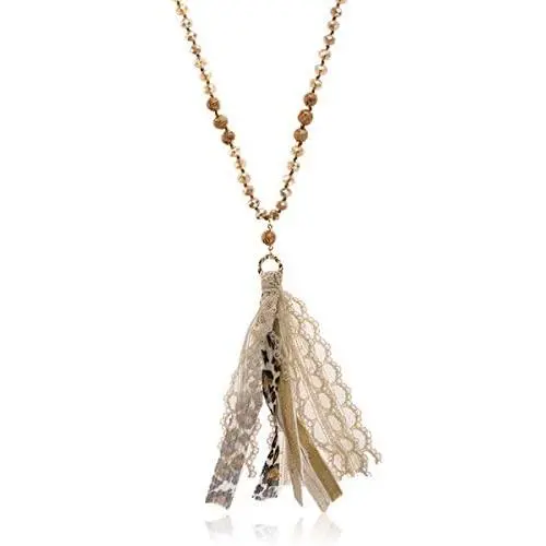 RIAH FASHION Bohemian Tassel Pendant Long Statement Necklace - Faux Suede Leather Fringe, Lace Charm Sparkly Crystal Natural Stone, Boho Wood Bead Long Chain