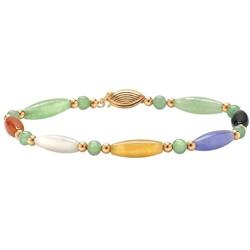 14K Yellow Gold Genuine Multicolor Jade Beaded and Barrel Strand Bracelet (5mm), Fish Hook Clasp, 7.5 inches