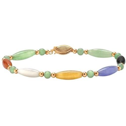 14K Yellow Gold Genuine Multicolor Jade Beaded and Barrel Strand Bracelet (5mm), Fish Hook Clasp, 7.5 inches