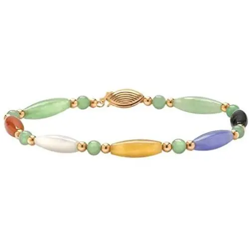 14K Yellow Gold Genuine Multicolor Jade Beaded and Barrel Strand Bracelet (5mm), Fish Hook Clasp, 7.5 inches 14K Yellow Gold Genuine Multicolor Jade Beaded and Barrel Strand Bracelet (5mm), Fish Hook Clasp, 7.5 inches