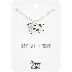 Happy Kisses Cow Necklace – “Jump Over The Moon!” Message Pendant – Cute Charm Gift for Any Women or Kid Who Loves Cows – Adjustable Chain Length