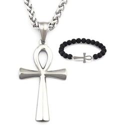 GUNGNEER Silvertone Ankh Cross Necklace Symbol of Protection Pendant Key of Life Jewelry Stainless Steel Keel Chain