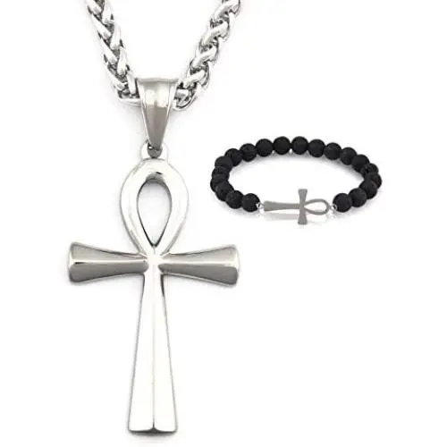 GUNGNEER Silvertone Ankh Cross Necklace Symbol of Protection Pendant Key of Life Jewelry Stainless Steel Keel Chain GUNGNEER Silvertone Ankh Cross Necklace Symbol of Protection Pendant Key of Life Jewelry Stainless Steel Keel Chain