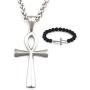 GUNGNEER Silvertone Ankh Cross Necklace Symbol of Protection Pendant Key of Life Jewelry Stainless Steel Keel Chain