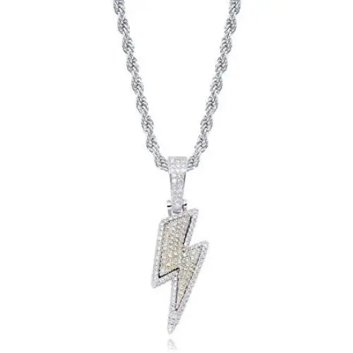 JINAO Hip Hop Lightning Bolt Design Pendant 18k Gold Plated Iced Out CZ Pendant Necklace with Micropave Simulated Diamond for Men Women JINAO Hip Hop Lightning Bolt Design Pendant 18k Gold Plated Iced Out CZ Pendant Necklace with Micropave Simulated Diamond for Men Women