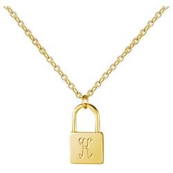 MEMGIFT 18K Real Gold Dainty Initial Lock Necklace Cute Simple Minimalist Personalized Jewelry Letter Engraved for Girlfriend Wife Mom Daughter Best Friend Sister Fiancee
