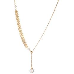 AMYJANE Leaf Pearl Circle Choker Necklace CZ Station Y Necklace 18k Gold/Rose Gold Plated Stainless Steel Lariat Style Necklace Pendant Chain Y Necklace for Women Girls Costume Jewelry