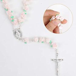 Rosary Beads Necklace Polymer Clay Rose Catholic Rosary Necklace Jewelry with Alloy Christian Vintage Cross Confirmation Gifts for Women Teenage Girl