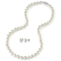 White Akoya Cultured Pearl Set for Women Includes 18” Necklace and Stud Earrings with 14K Gold in AAA Quality - THE PEARL SOURCE