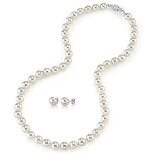 White Akoya Cultured Pearl Set for Women Includes 18” Necklace and Stud Earrings with 14K Gold in AAA Quality - THE PEARL SOURCE White Akoya Cultured Pearl Set for Women Includes 18” Necklace and Stud Earrings with 14K Gold in AAA Quality - THE PEARL SOURCE