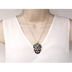 Elosee Sugar Skull Hand Painted Pendant 18'' Necklace & Matching Earrings