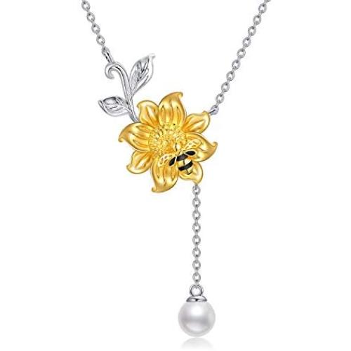 925 Sterling Silver Sunflower Necklace Bee Pendant Necklace for women Girls Dainty Jewelry Gifts