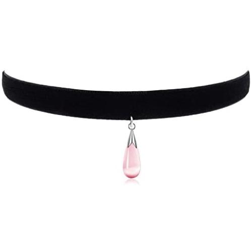 Cute Womens Necklace Choker Black Velvet Vintage Collar Necklace with Pink Opal Water-Drop for Girls Kids Teen