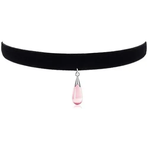 Cute Womens Necklace Choker Black Velvet Vintage Collar Necklace with Pink Opal Water-Drop for Girls Kids Teen