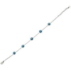 EDFORCE Stainless Steel Blue Silver-Tone Evil Eye Link Chain Adjustable Bracelet