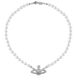 ytchmibb White Pearl Bead Necklaces Crystal Rhinestone Saturn Planet Necklace (Silver)