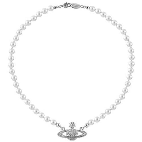 ytchmibb White Pearl Bead Necklaces Crystal Rhinestone Saturn Planet Necklace (Silver)