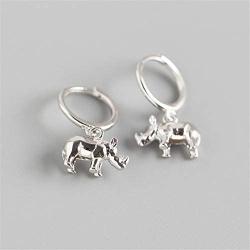 Cute Rhino Dangle Hoop Earrings for Women Girls Sterling Silver with Charms Animal Rhinoceros Drop Cartilage Cuff Stud Lovely Jewelry Fashion Dainty Birthday Christmas Gifts for Daughter