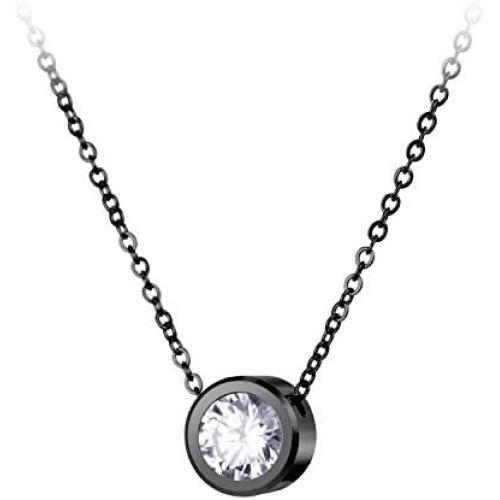 555Jewelry Stainless Steel Round CZ Solitaire Sparkly Bezel Pendant Necklace