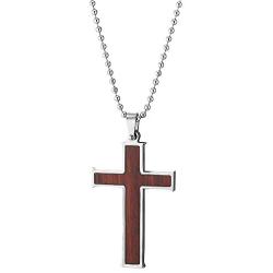 COOLSTEELANDBEYOND Mens Womens Stainless Steel Wood Cross Pendant Necklace 30 inches Ball Chain, Inlay Design
